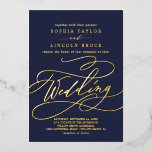 Romantic Gold Foil   Navy Blue Flourish Wedding Invitation