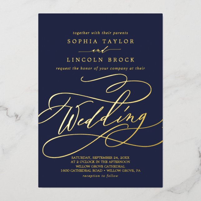 Romantic Gold Foil | Navy Blue Flourish Wedding Invitation (Front)