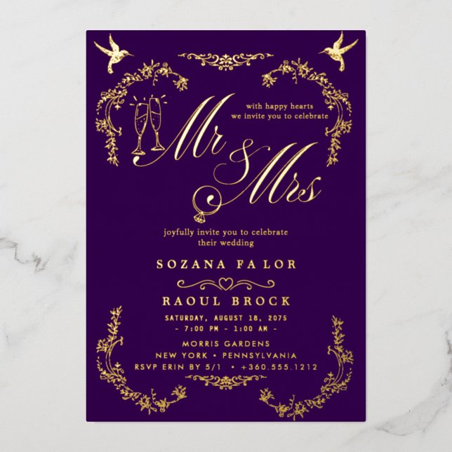 Romantic Gold Foil | Navy Blue Frame Wedding Foil Invitation (Front)