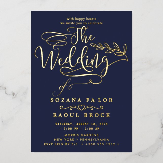 Romantic Gold Foil | Navy Blue Frame Wedding Foil Invitation (Front)