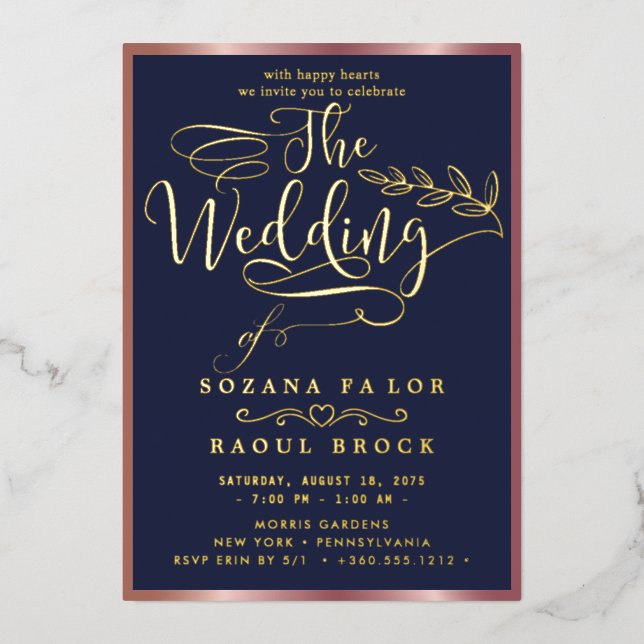 Romantic Gold Foil | Navy Blue Frame Wedding Foil Invitation (Front)