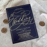 Romantic Gold Foil | Navy Blue Frame Wedding Foil Invitation<br><div class="desc">This romantic gold foil navy blue frame wedding invitation is perfect for a simple wedding. The modern classic design features fancy swirls and whimsical flourishes with gorgeous elegant hand lettered gold foil stamped typography and a formal foil frame on a dark blue background.</div>