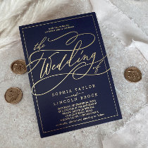 Romantic Gold Foil | Navy Blue Frame Wedding Foil Invitation