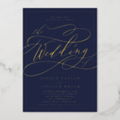 Romantic Gold Foil | Navy Blue Frame Wedding Foil Invitation (Front)