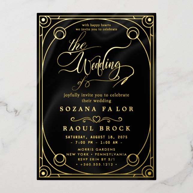 Romantic Gold Foil | Navy Blue Frame Wedding Invitation (Front)