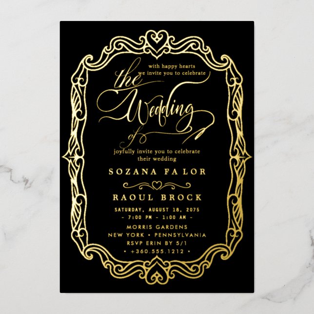 Romantic Gold Foil | Navy Blue Frame Wedding Invitation (Front)