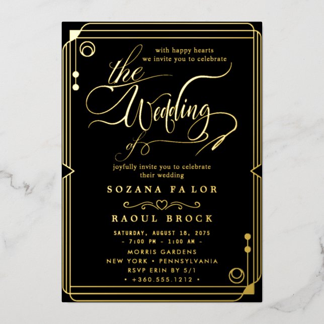 Romantic Gold Foil | Navy Blue Frame Wedding Invitation (Front)