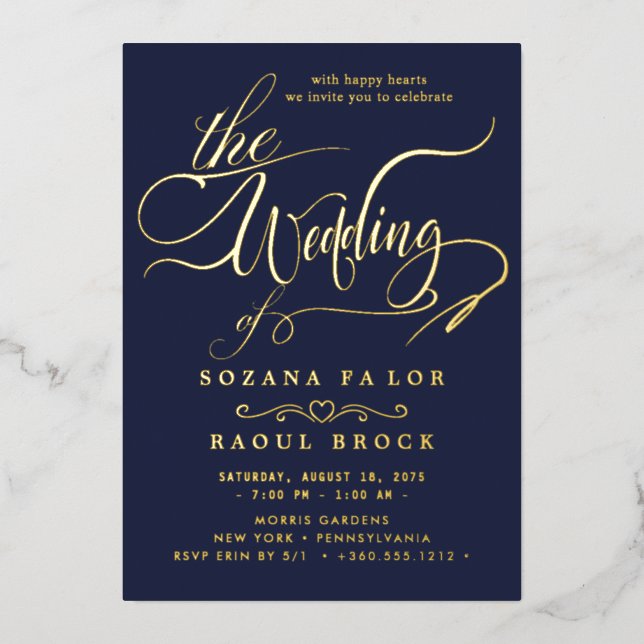 Romantic Gold Foil | Navy Blue Frame Wedding Invitation (Front)