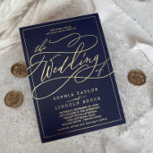 Romantic Gold Foil   Navy Blue Frame Wedding Invitation