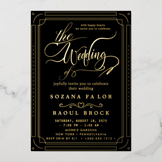 Romantic Gold Foil | Navy Blue Frame Wedding Invitation (Front)