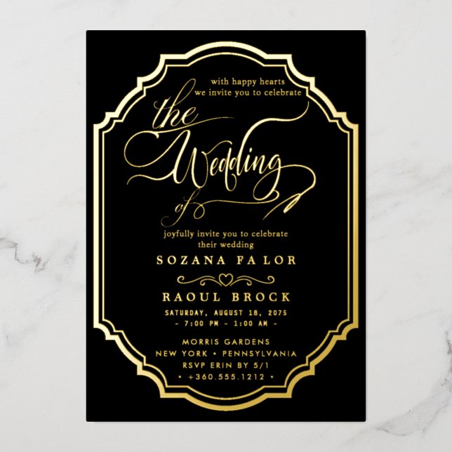 Romantic Gold Foil | Navy Blue Frame Wedding Invitation (Front)
