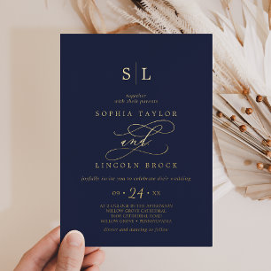 Romantic Gold Foil Navy Blue Monogram Wedding Foil Invitation