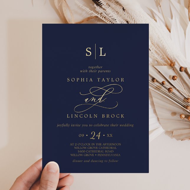 Romantic Gold Foil | Navy Blue Monogram Wedding Foil Invitation (Creator Uploaded)