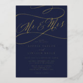 Romantic Gold Foil | Navy Blue Mr & Mrs Wedding Foil Invitation (Front)