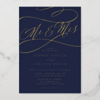 Romantic Gold Foil | Navy Blue Mr & Mrs Wedding Foil Invitation