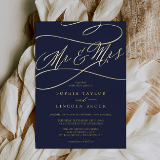 Romantic Gold Foil | Navy Blue Mr & Mrs Wedding Invitation