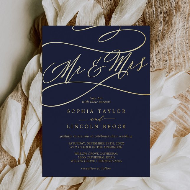 Romantic Gold Foil | Navy Blue Mr & Mrs Wedding Invitation (Creator Uploaded)