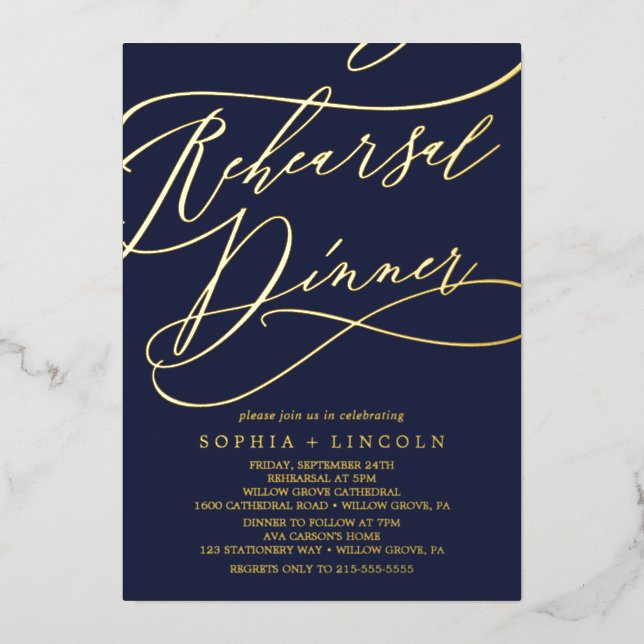 Romantic Gold Foil | Navy Blue Rehearsal Dinner Foil Invitation (Front)