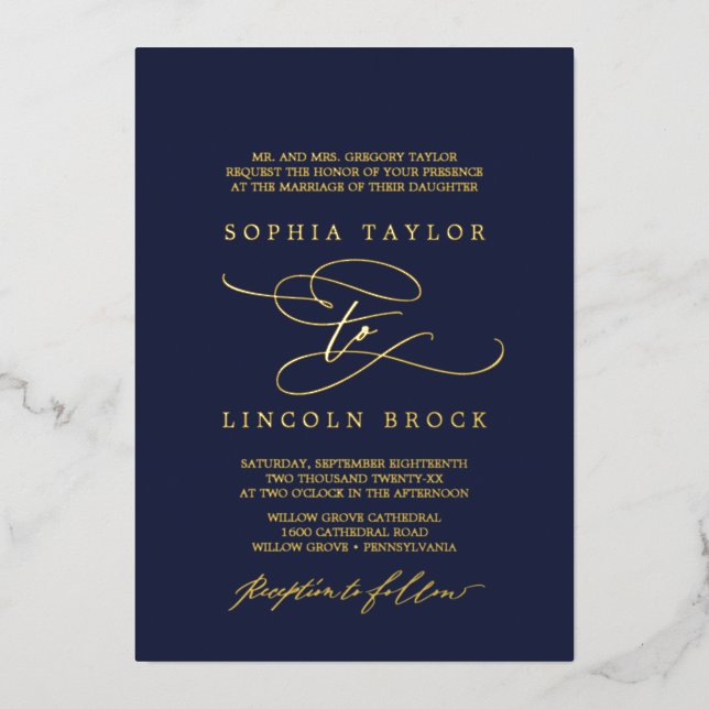Romantic Gold Foil | Navy Flourish Formal Wedding Foil Invitation (Front)