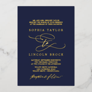 Romantic Gold Foil   Navy Flourish Formal Wedding Invitation