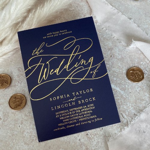 Romantic Gold Foil  Navy Flourish The Wedding Of Foil Invitation