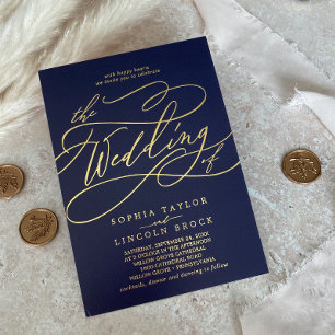 Romantic Gold Foil Navy Flourish The Wedding Of Invitation