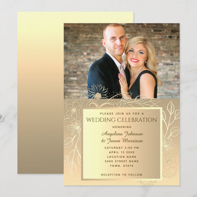 Romantic Gold Foil Photo Wedding Invitation (Front/Back)