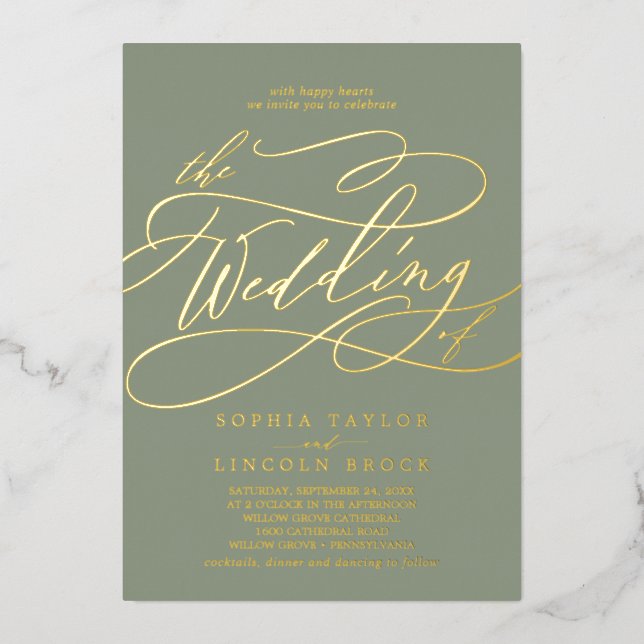 Romantic Gold Foil | Sage Flourish The Wedding Of Foil Invitation (Front)