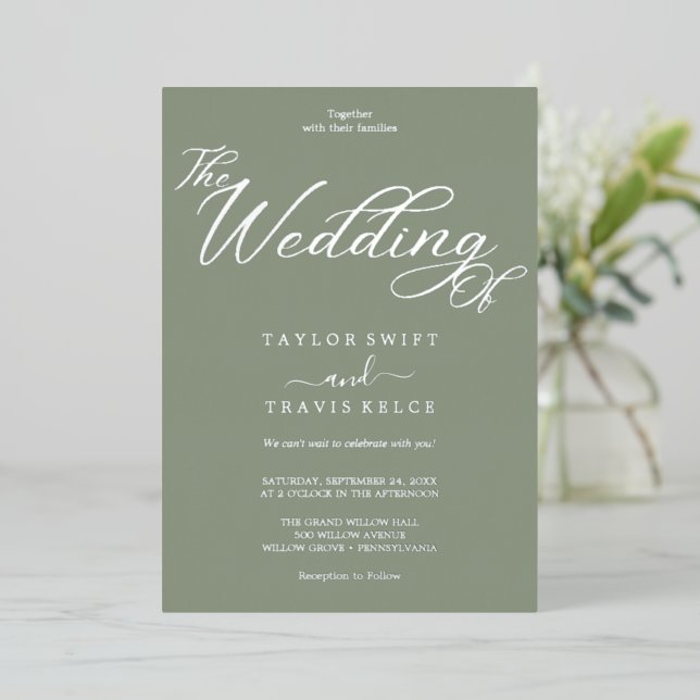 Romantic Gold Foil Sage Green Wedding  Invitation (Standing Front)