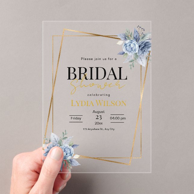 Romantic Gold Frame Floral Bridal Shower minimal Acrylic Invitations (Insitu (Handheld))