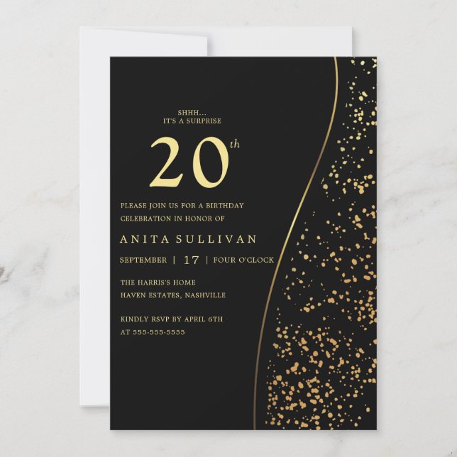 Romantic Gold Glitter Twenty 20th Black Birthday Invitation (Front)