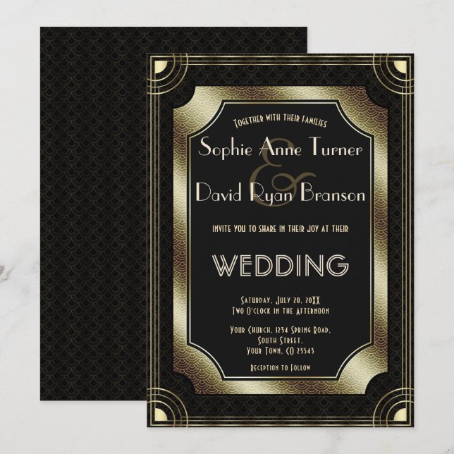 Romantic Gold Great Gatsby Art Deco 20s Wedding Invitation (Front/Back)