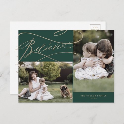 Romantic Gold Green Believe 2 Photo Family News Holiday Postcard