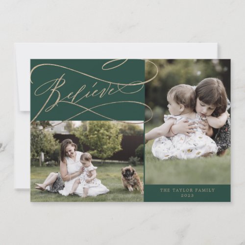 Romantic Gold Green Believe 3 Photo Year In Review Holiday Card