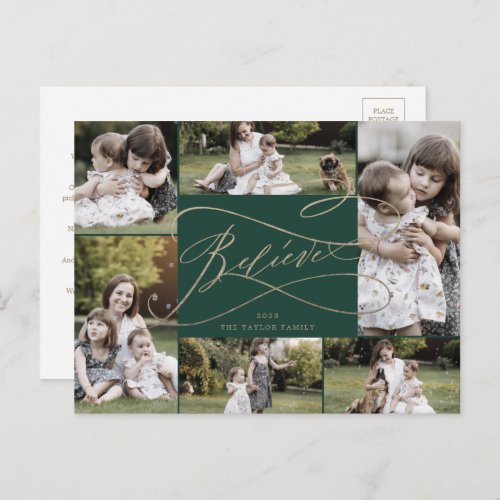 Romantic Gold Green Believe 6 Photo Year in Review Holiday Postcard