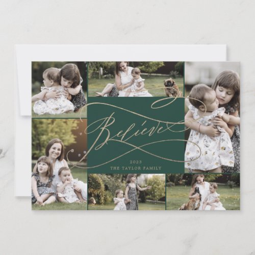 Romantic Gold Green Believe 7 Photo Family News Holiday Card