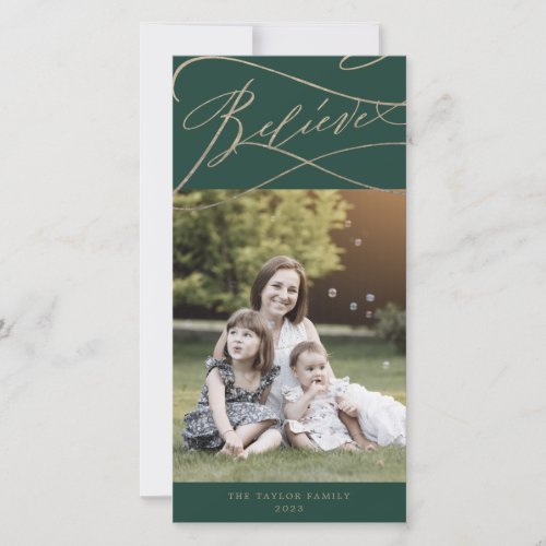 Romantic Gold Green Believe Photo Family News Holiday Card