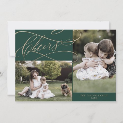 Romantic Gold Green Cheers 3 Photo Year In Review Holiday Card