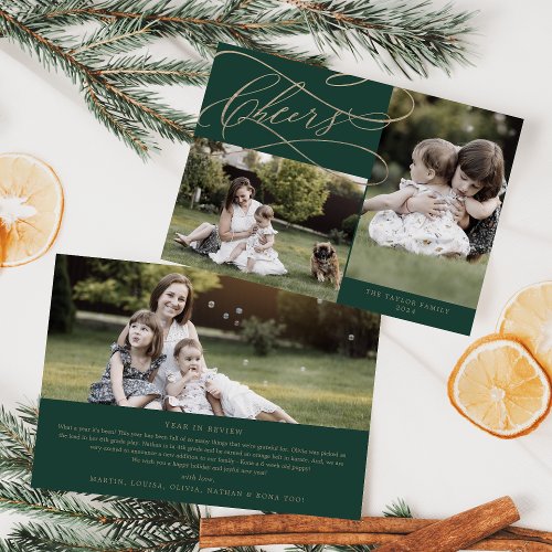 Romantic Gold Green Cheers 3 Photo Year In Review Holiday Card