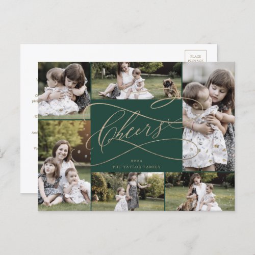 Romantic Gold Green Cheers 6 Photo Family News Holiday Postcard