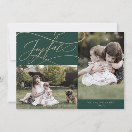 Romantic Gold Green Joyful 3 Photo Year In Review Holiday Card