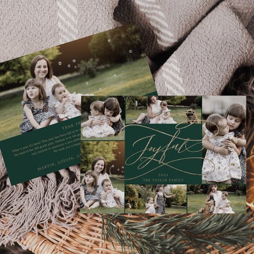 Romantic Gold Green Joyful 7 Photo Family News Holiday Card