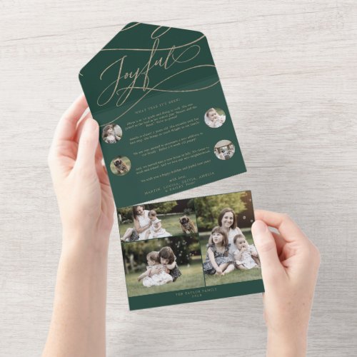 Romantic Gold Green Joyful Multi Photo Holiday All In One Invitation