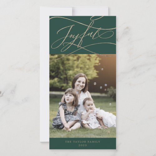 Romantic Gold Green Joyful Photo Family Newsletter Holiday Card