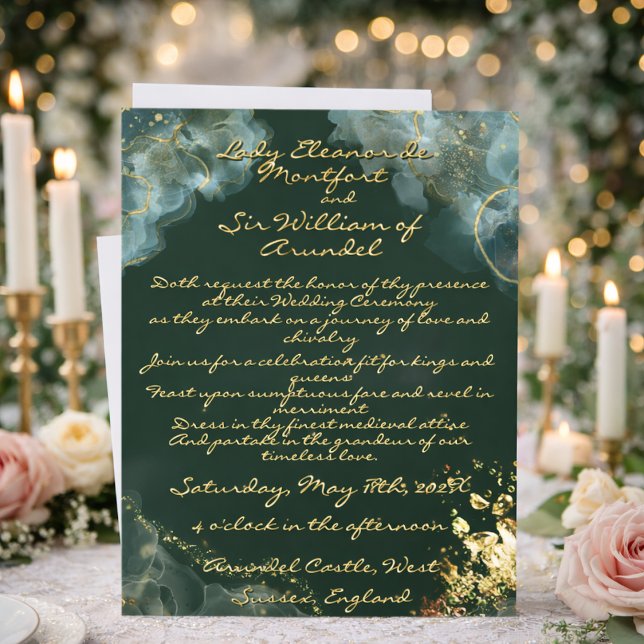 Romantic Gold Green Marble Fantasy Wedding Invitation (Creator Uploaded)