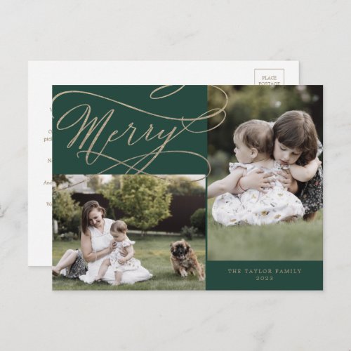 Romantic Gold Green Merry 2 Photo Family News Holiday Postcard
