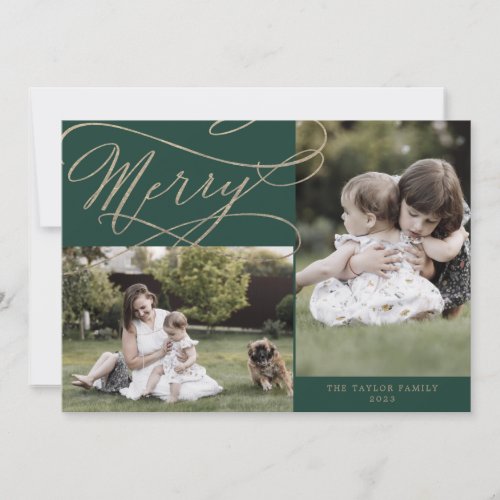 Romantic Gold Green Merry 3 Photo Year In Review Holiday Card