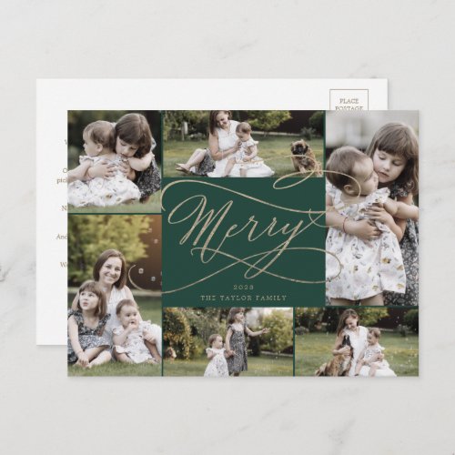 Romantic Gold Green Merry 6 Photo Year in Review Holiday Postcard