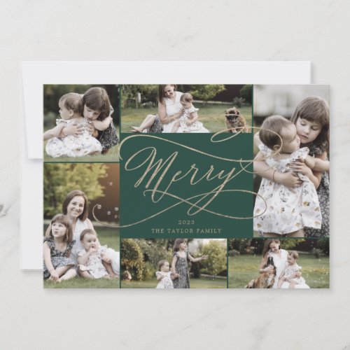 Romantic Gold Green Merry 7 Photo Collage Family Holiday Card