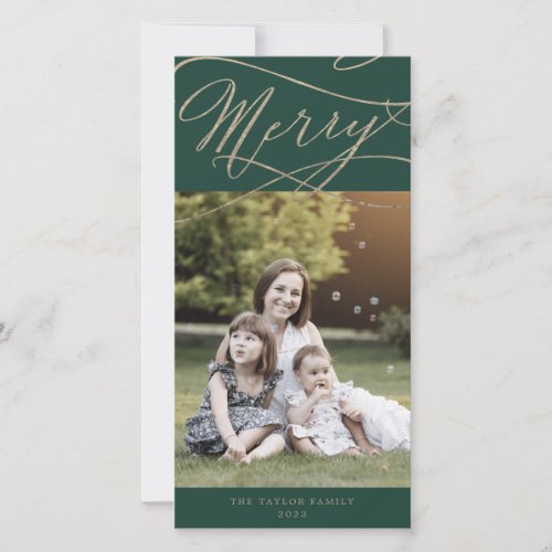 Romantic Gold Green Merry Photo Family News Holiday Card